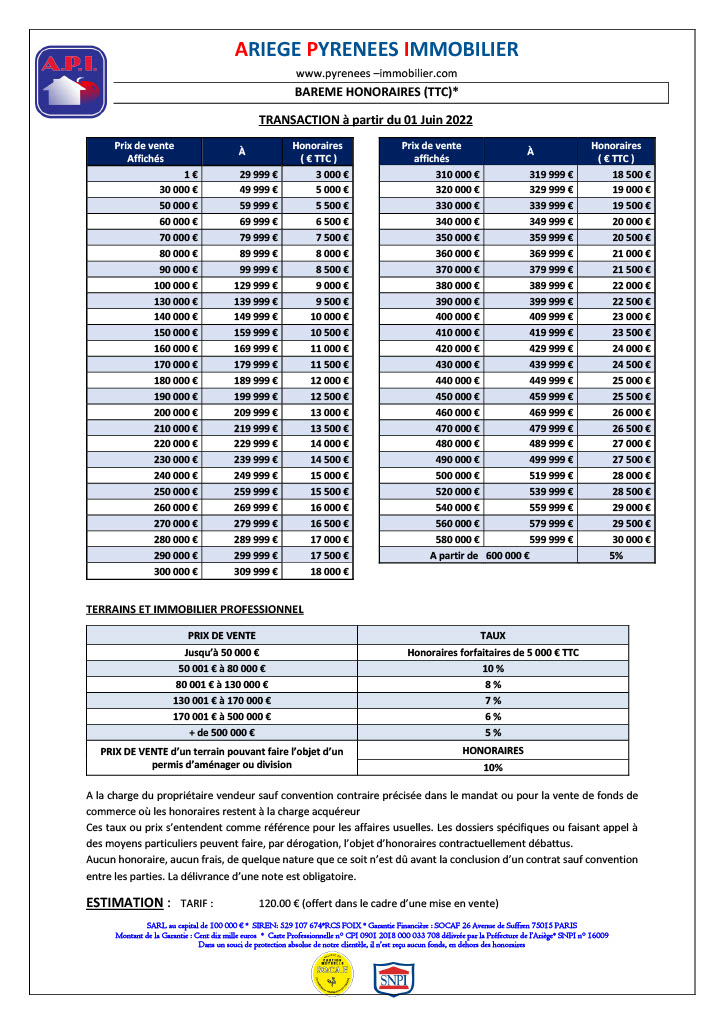 Bareme d'honoraires 2022